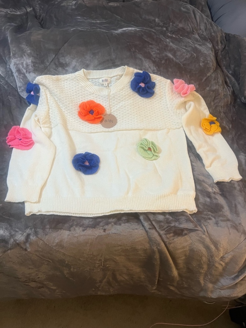 BiBi Cream Crewneck Sweater with Colorful Flower Appliqués